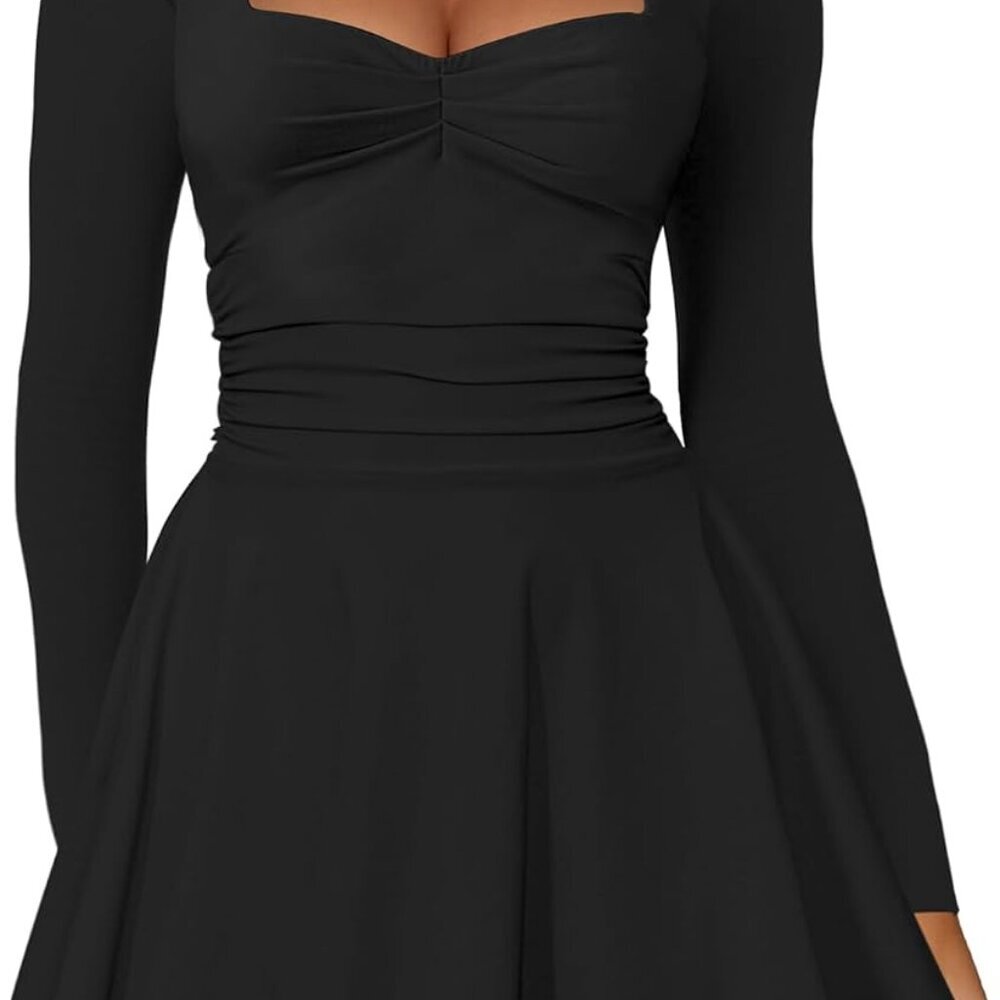 Women's Long Sleeve Square Neck Mini Dress Ruching Ruffle Corset Party